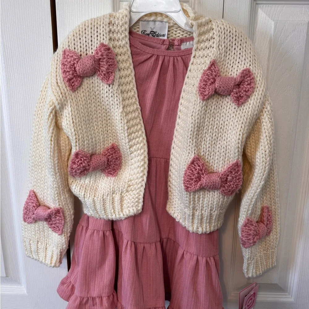 Kids Cream Chucky Cardigan with Pink Bows and Mauve Dress 2Piece Set size 5 NWTS